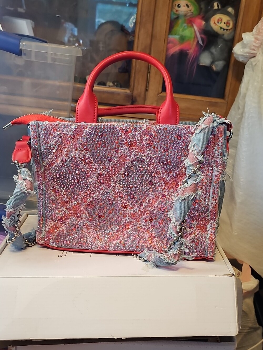 Embellished Pink and Red Beaded Top-Handle Bag